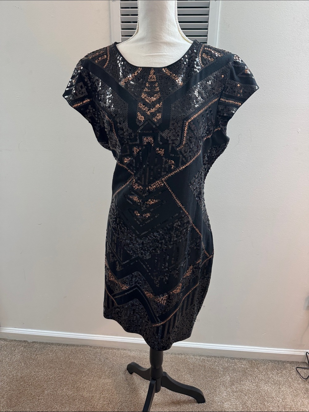 Express Black Mini Dress with Copper Sequin Geometric Pattern